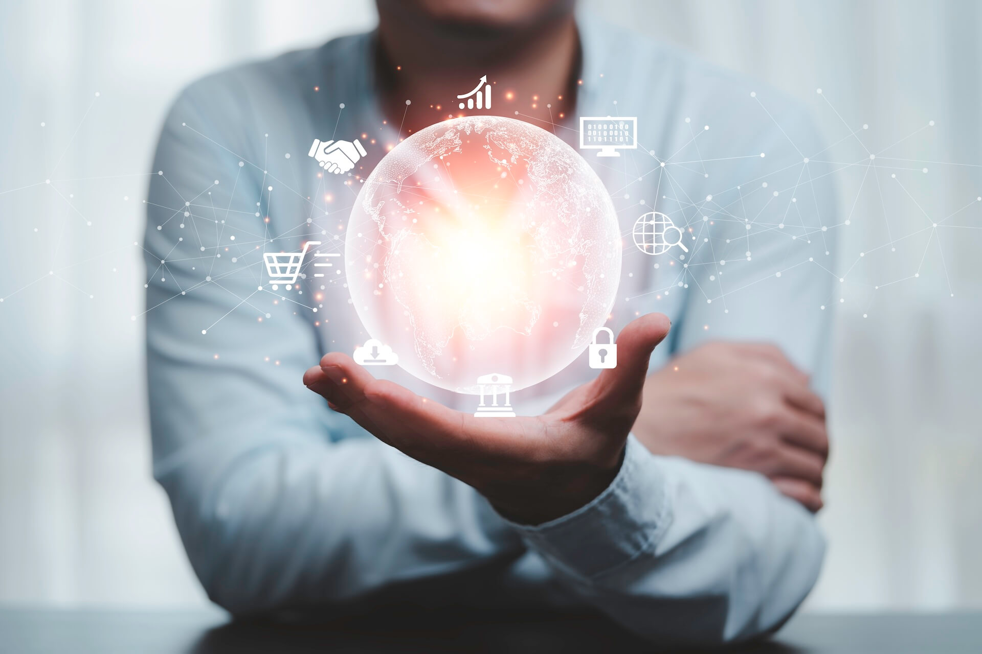 man hand holding virtual-world with internet connection, metaverse global, interim cto, cto on demand, technology